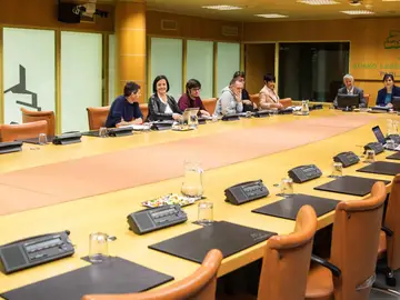 Los representantes del PP, EH Bildu, Elkarrekin Podemos, PNV y PE-EE, al comienzo de la reunión Los representantes del PP, EH Bildu, Elkarrekin Podemos, PNV y PE-EE, al comienzo de la reunión