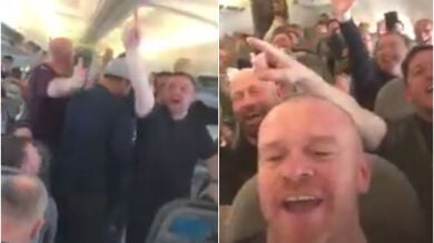 Los aficionados del Liverpool la lían dentro de un avión rumbo a Kiev