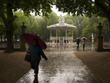 Paseantes se protegen de la lluvia 