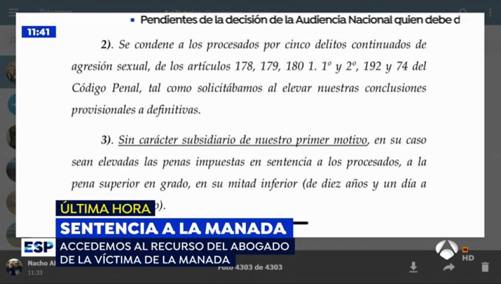 La acusación particular y popular recurren la sentencia de 'La Manada' y pide que se condene a los acusados por agresión sexual