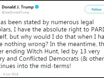 <p>Trump afirma que está legitimado para concederse a sí mismo el perdón presidencia aunque asegura no haber hecho nada mal</p> <p>Trump afirma que está legitimado para concederse a sí mismo el perdón presidencia aunque asegura no haber hecho nada mal</p>