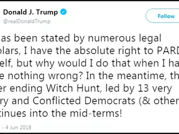 <p>Trump afirma que está legitimado para concederse a sí mismo el perdón presidencia aunque asegura no haber hecho nada mal</p> <p>Trump afirma que está legitimado para concederse a sí mismo el perdón presidencia aunque asegura no haber hecho nada mal</p>