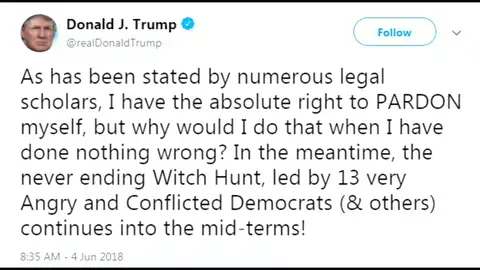 <p>Trump afirma que está legitimado para concederse a sí mismo el perdón presidencia aunque asegura no haber hecho nada mal</p> <p>Trump afirma que está legitimado para concederse a sí mismo el perdón presidencia aunque asegura no haber hecho nada mal</p>