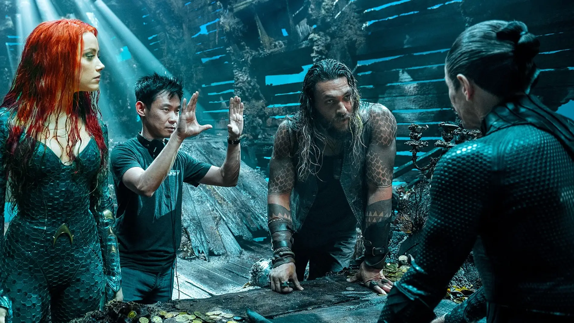 Amber heard, James Wan y Jason Momoa en el rodaje de 'Aquaman'