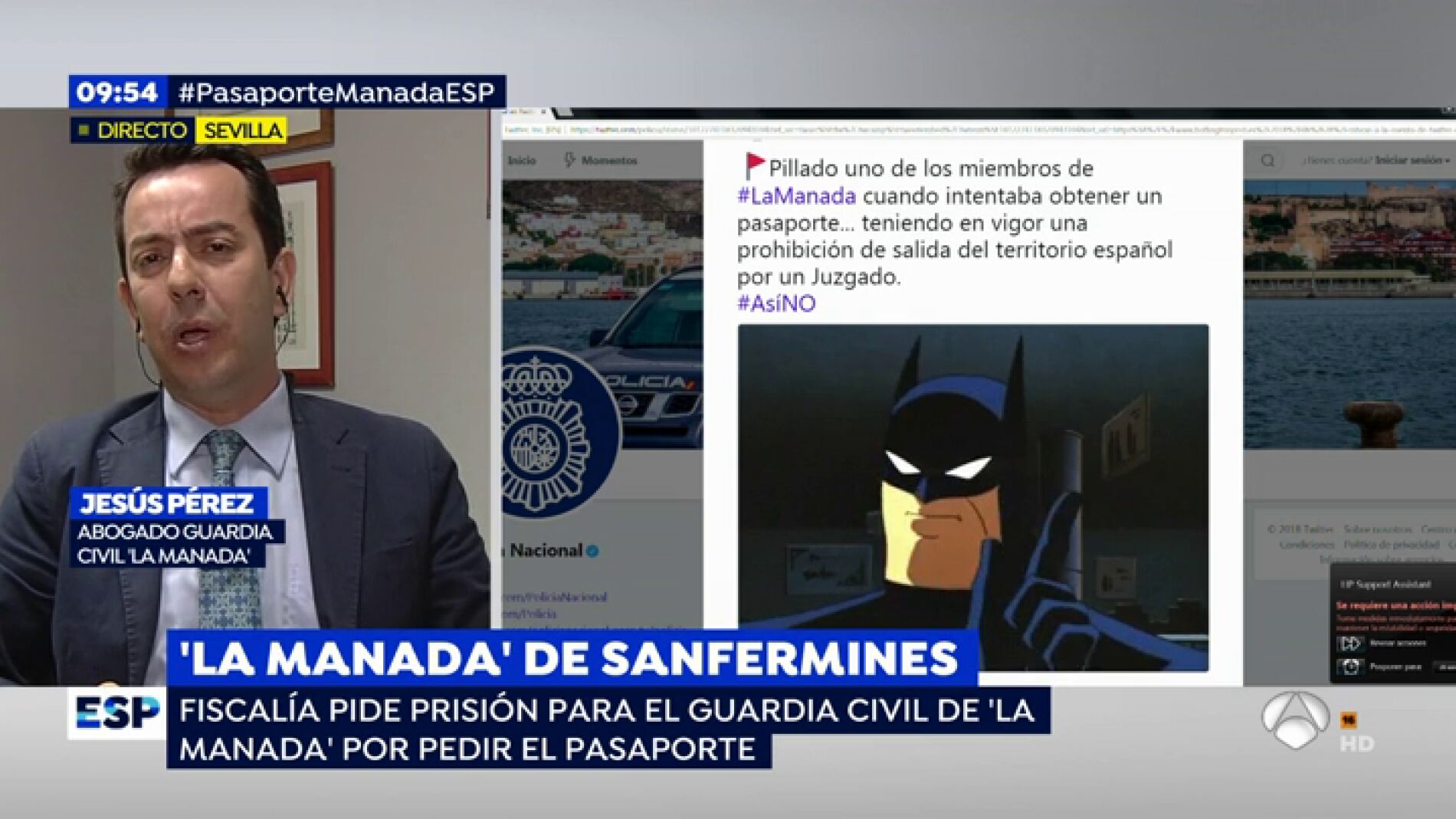  El abogado del guardia civil de 'La Manada': "El 'tuit' de la Polic&iacute;a fue malintencionado, ha habido un malentendido"