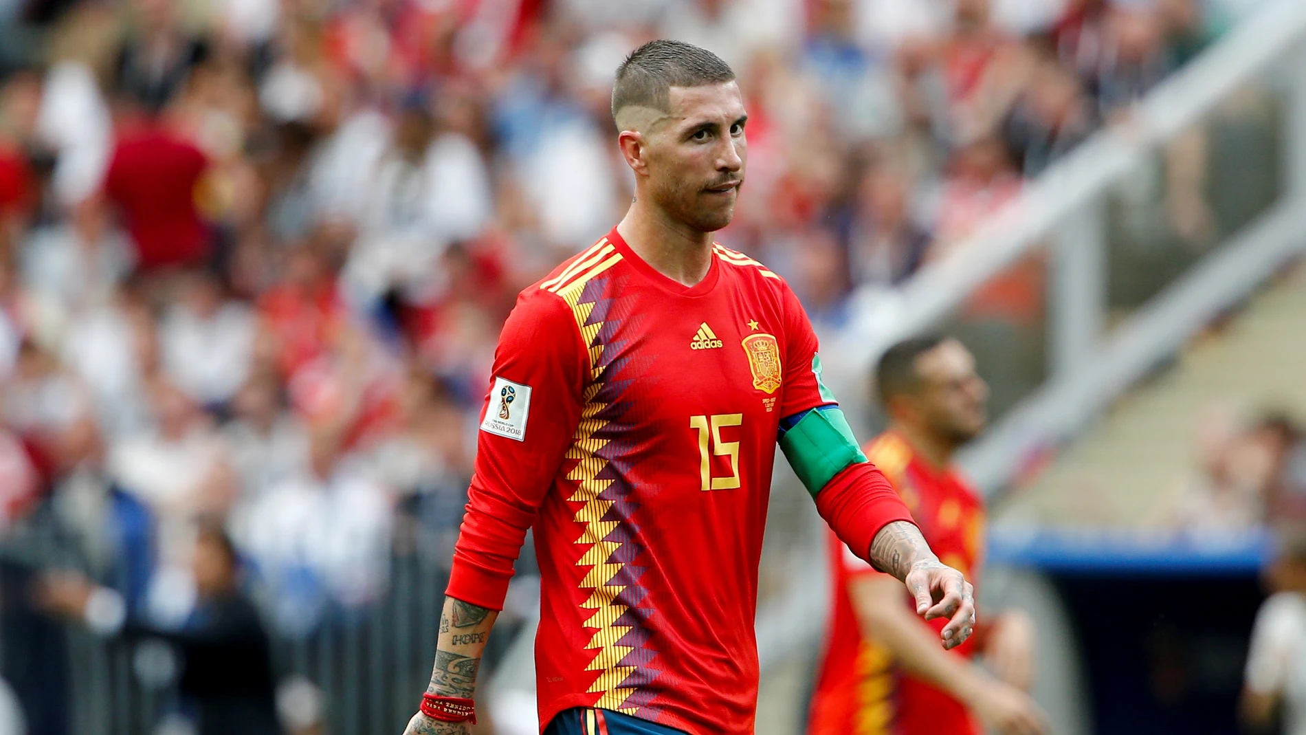 Sergio Ramos, con gesto contrariado en el partido de la selección española Sergio Ramos, con gesto contrariado en el partido de la selección española