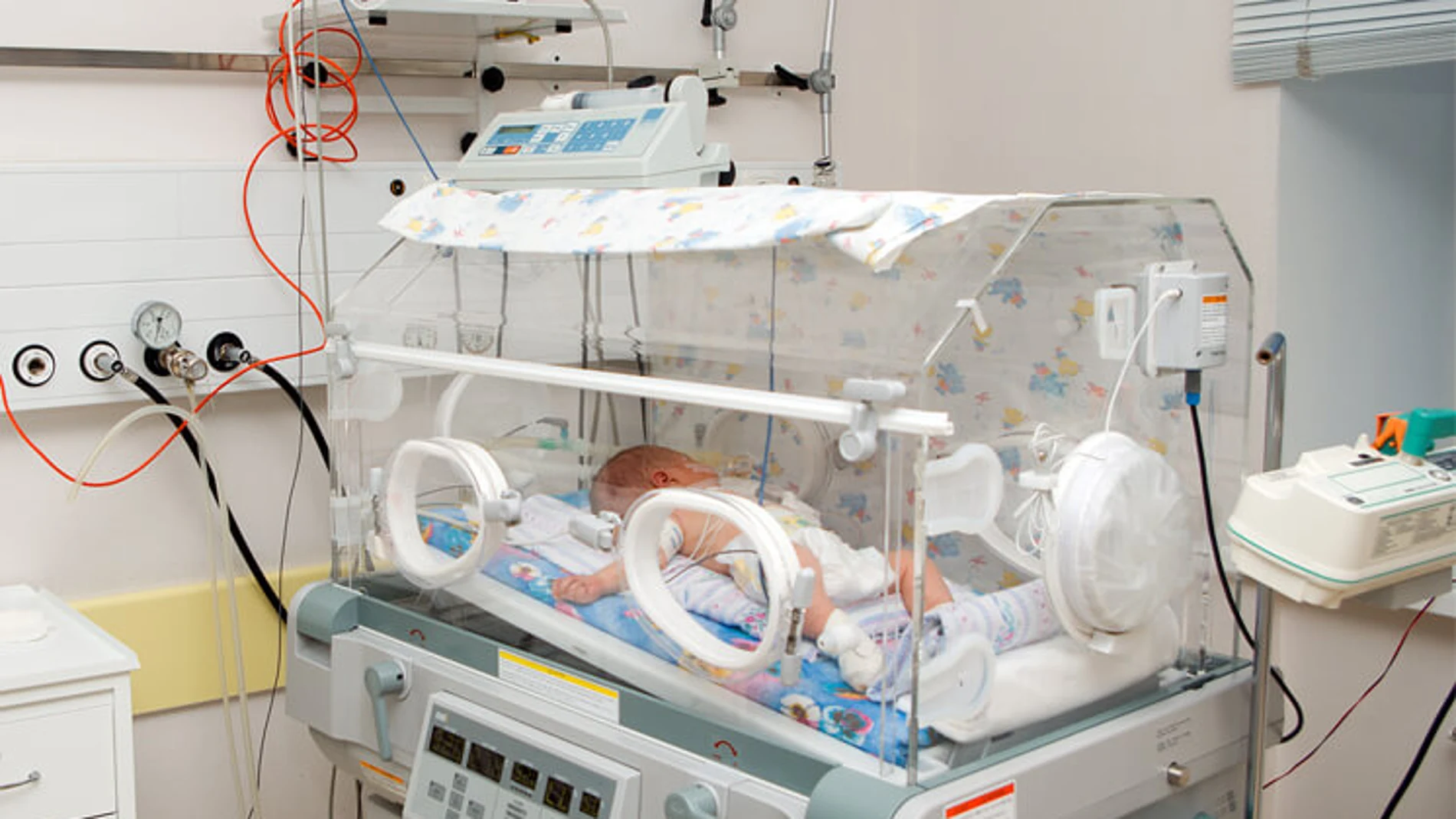 Bebé en una incubadora Bebé en una incubadora