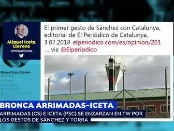 Bronca entre Arrimadas e Iceta en las redes por los gestos de Sánchez y Torra Bronca entre Arrimadas e Iceta en las redes por los gestos de Sánchez y Torra