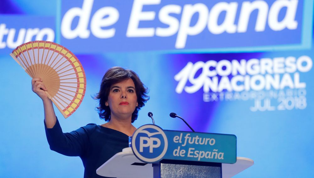 La candidata a la Presidencia del PP, Soraya Sáenz de Santamaría, durante su intervención 