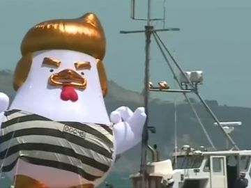 El globo en forma de gallina contra Trump vuela por la costa de San Francisco El globo en forma de gallina contra Trump vuela por la costa de San Francisco