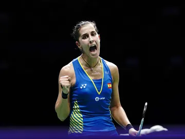 Carolina Marín celebra la victoria ante la china He Bingjiao Carolina Marín celebra la victoria ante la china He Bingjiao