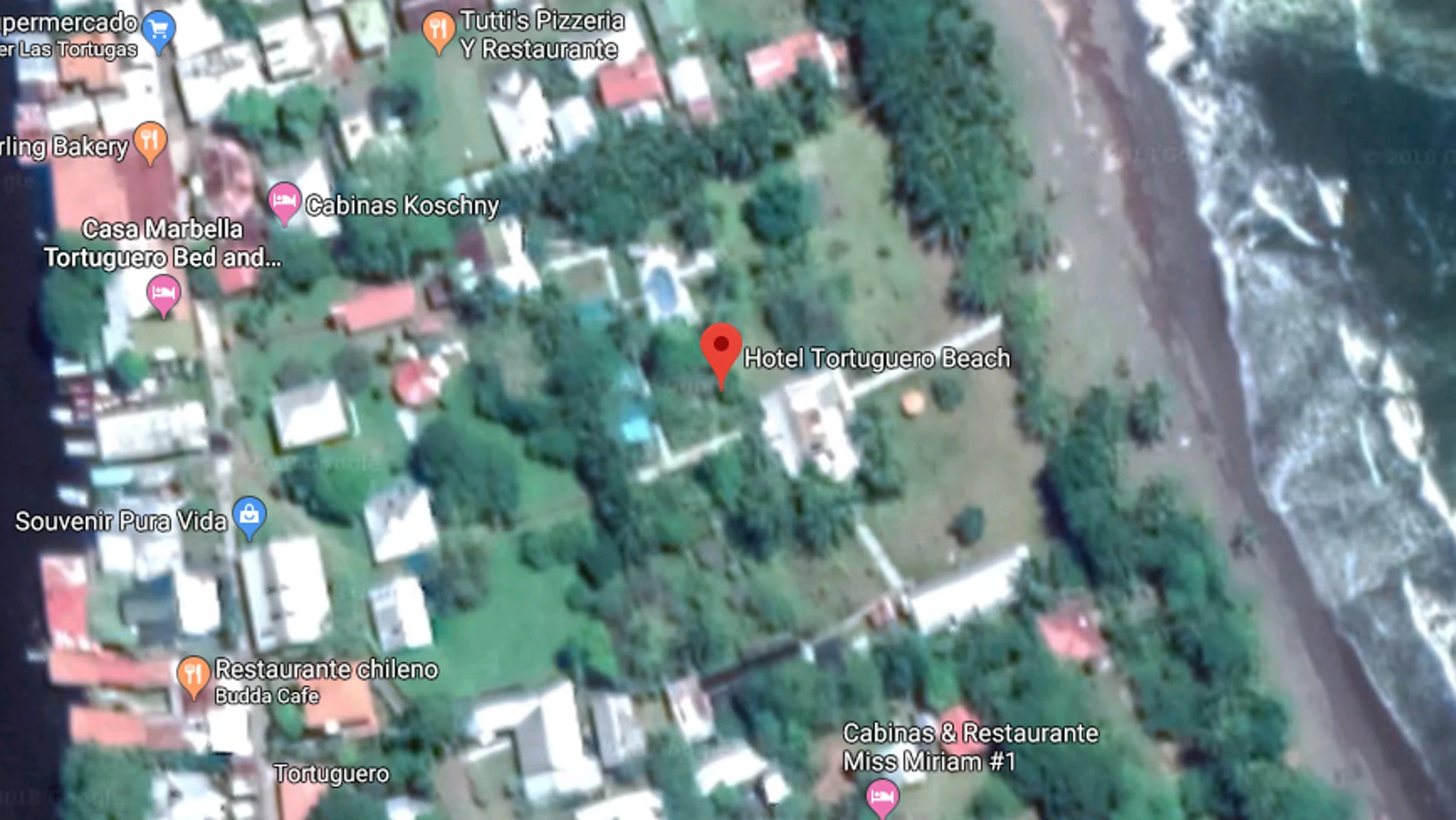 Imagen de Google Maps de la zona en la que se encuentra el Hotel Tortuguero en Costa Rica Imagen de Google Maps de la zona en la que se encuentra el Hotel Tortuguero en Costa Rica