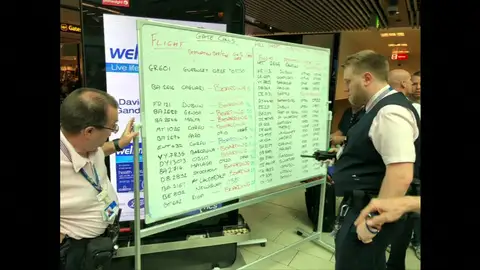 El aeropuerto de Gatwick anuncia por medio de una pizarra manual las salidas y llegadas de sus vuelos El aeropuerto de Gatwick anuncia por medio de una pizarra manual las salidas y llegadas de sus vuelos