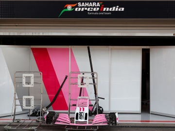 El garaje del equipo Force India, durante el GP de Bélgica