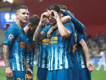 El Atlético celebra uno de los tantos ante el Mónaco El Atlético celebra uno de los tantos ante el Mónaco