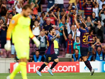 Leo Messi celebra un gol ante el PSV Leo Messi celebra un gol ante el PSV