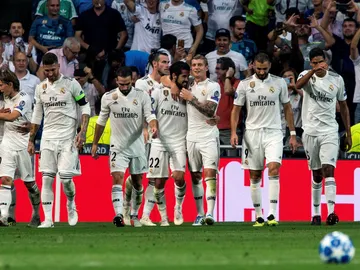 Los jugadores del Real Madrid celebran un gol ante la Roma Los jugadores del Real Madrid celebran un gol ante la Roma