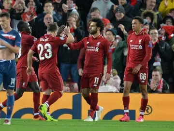 Shaqiri, Mané y Salah celebran un gol ante el Estrella Roja Shaqiri, Mané y Salah celebran un gol ante el Estrella Roja