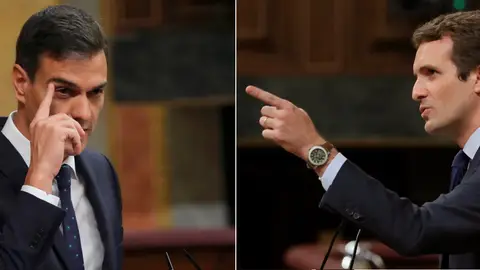 El presidente del Gobierno, Pedro Sánchez, y el presidente del PP, Pablo Casado, durante el pleno del Congreso El presidente del Gobierno, Pedro Sánchez, y el presidente del PP, Pablo Casado, durante el pleno del Congreso