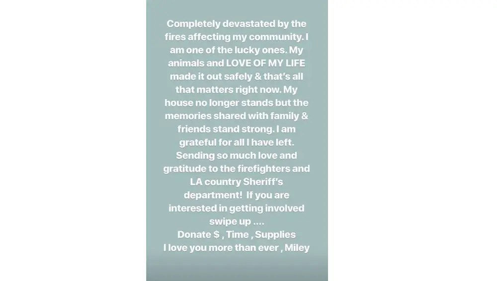 Las palabras de Miley Cyrus en sus redes sociales 