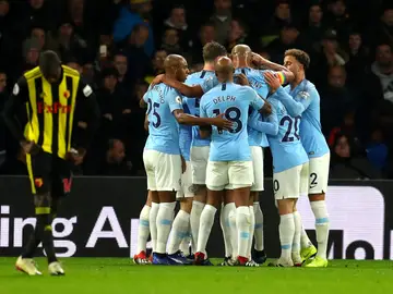 Los futbolistas del Manchester CIty celebran el gol Los futbolistas del Manchester CIty celebran el gol