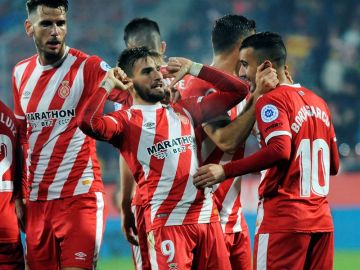 Los jugadores del Girona celebran un gol de Portu Los jugadores del Girona celebran un gol de Portu