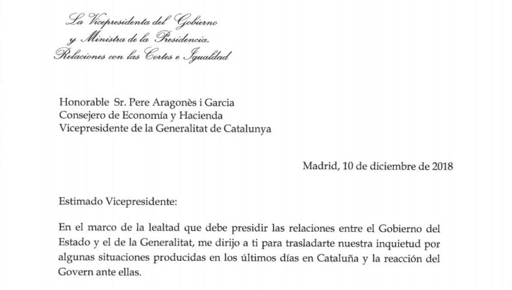 Carta del Gobierno a la Generalitat