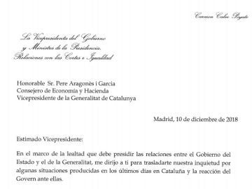 Carta del Gobierno a la Generalitat