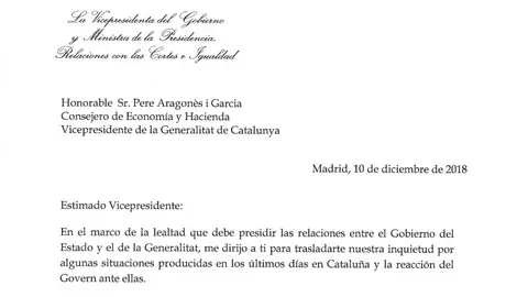 Carta del Gobierno a la Generalitat Carta del Gobierno a la Generalitat
