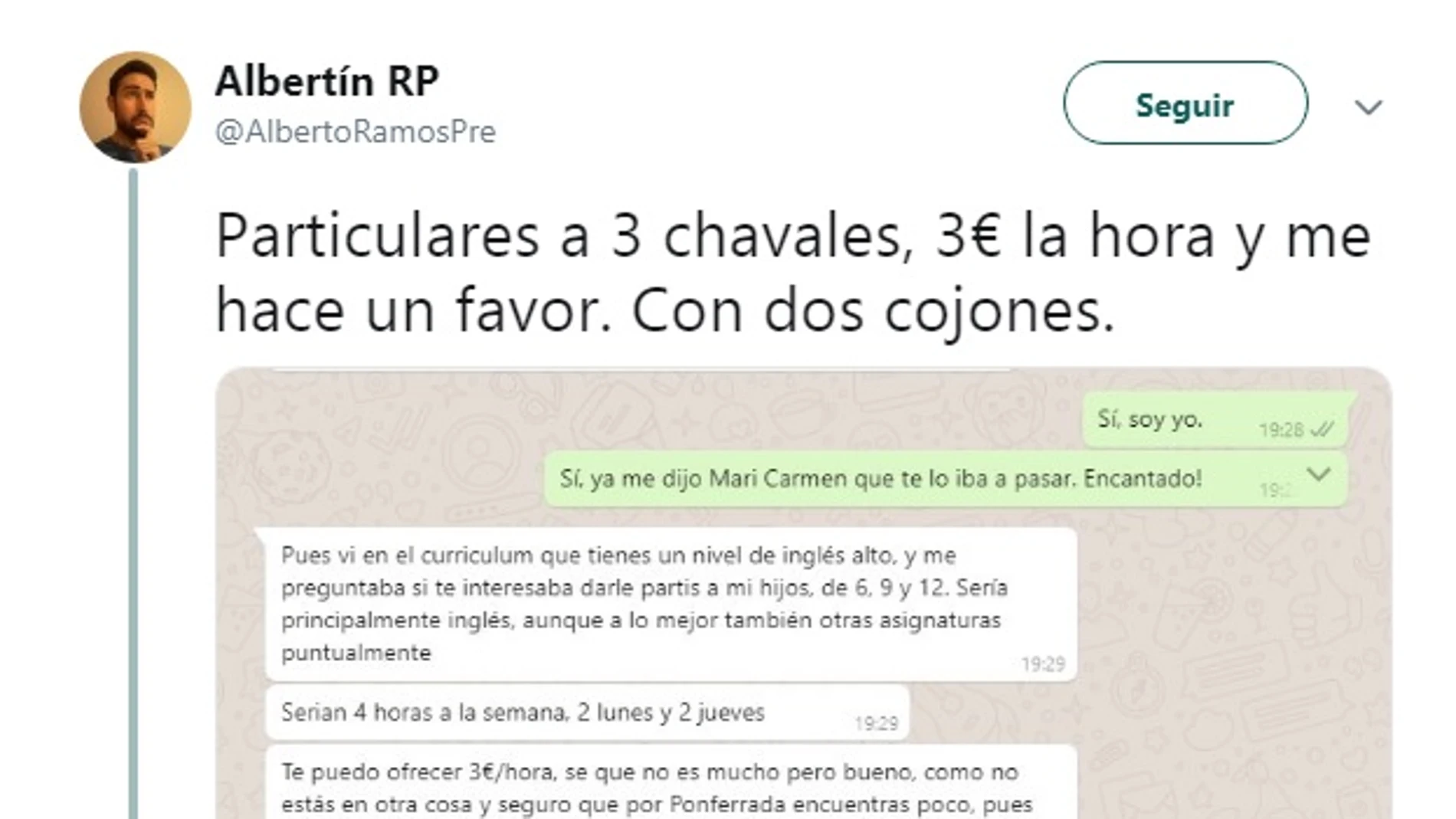 La oferta de trabajo que recibió el joven La oferta de trabajo que recibió el joven
