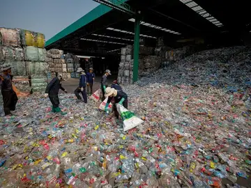 Varios trabajadores caminan entre botellas de plástico Varios trabajadores caminan entre botellas de plástico