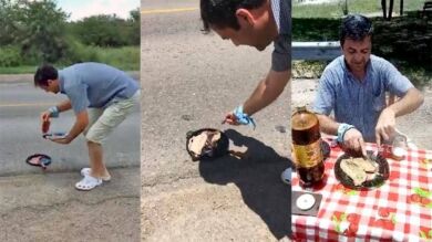 Fríe varios filetes en el asfalto para demostrar el tremendo calor que hace en la carretera