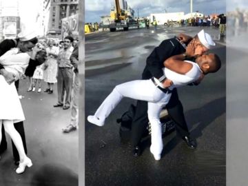 Críticas por un beso gay imitando una icónica foto