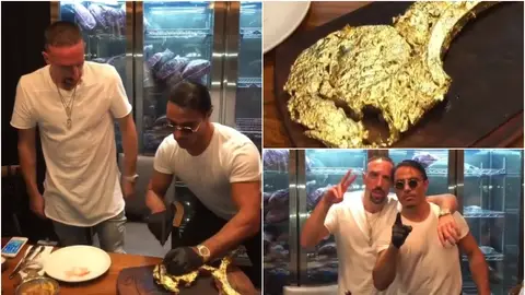 Ribéry se come un filete bañado en oro preparado por Salt Bae Ribéry se come un filete bañado en oro preparado por Salt Bae