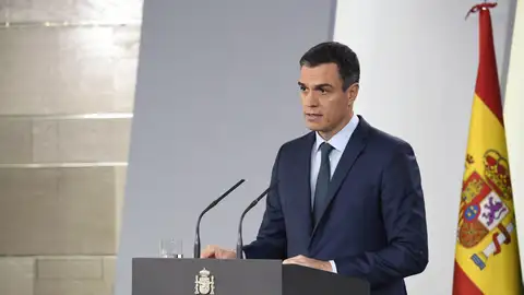 El presidente del Gobierno, Pedro Sánchez, durante la rueda de prensa ofrecida en el Palacio de la Moncloa El presidente del Gobierno, Pedro Sánchez, durante la rueda de prensa ofrecida en el Palacio de la Moncloa