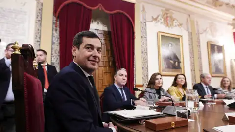 El presidente de la Junta de Andalucía, Juanma Moreno (de espaldas), durante la primera reunión del Consejo de Gobierno. El presidente de la Junta de Andalucía, Juanma Moreno (de espaldas), durante la primera reunión del Consejo de Gobierno.