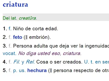 Definición de 'criatura' para la RAE Definición de 'criatura' para la RAE
