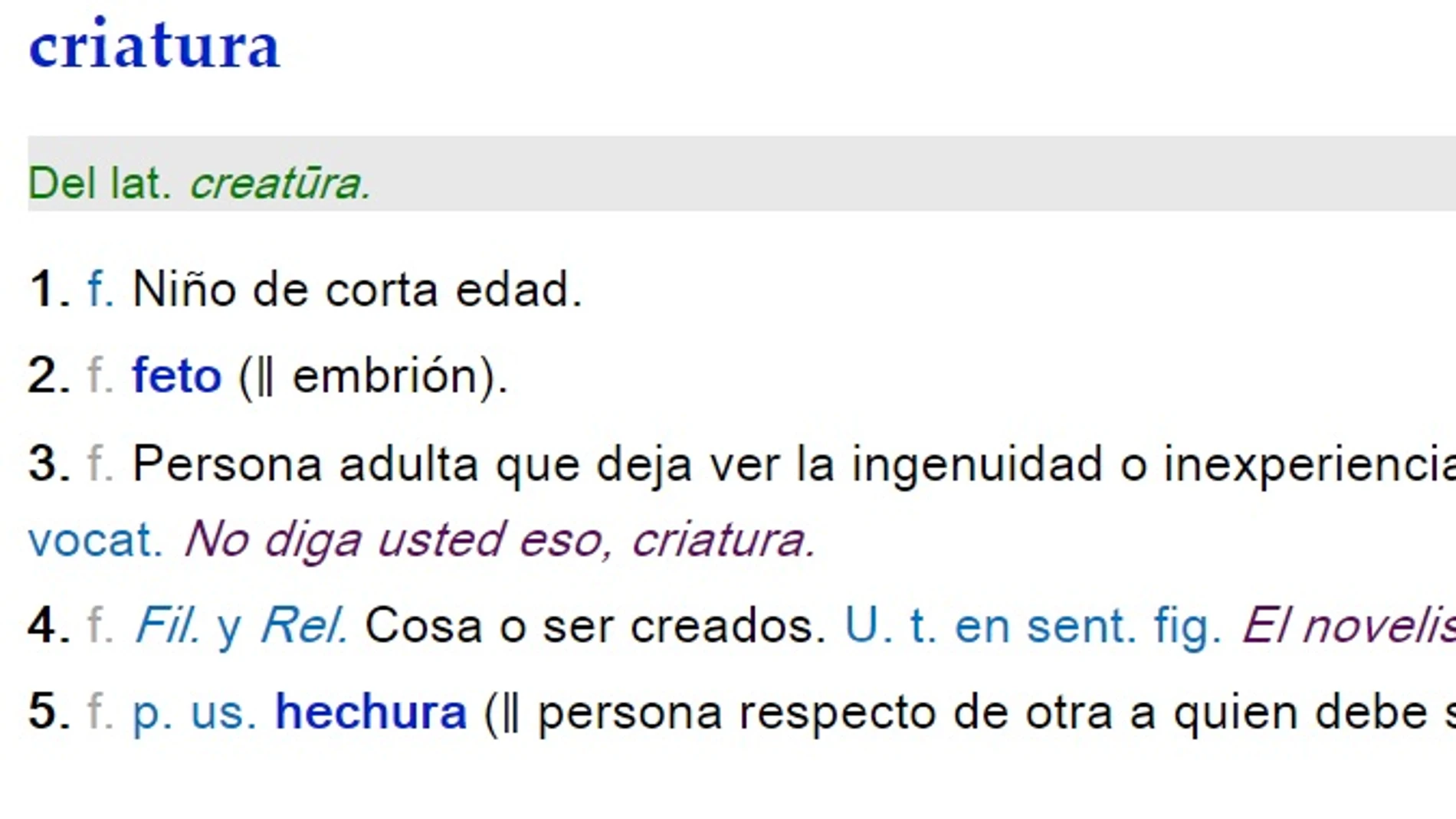 Definición de 'criatura' para la RAE Definición de 'criatura' para la RAE