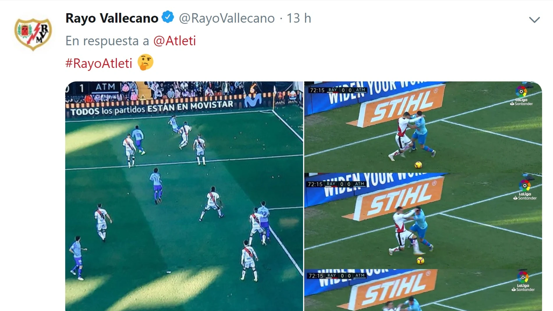 El tuit del Rayo en el que contesta al Atlético por la polémica arbitral El tuit del Rayo en el que contesta al Atlético por la polémica arbitral