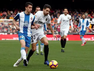Rubén Sobrino pelea un balón con Marc Roca en Mestalla Rubén Sobrino pelea un balón con Marc Roca en Mestalla