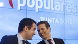El presidente y el secretario general del PP, Pablo Casado y Teodoro Garc&iacute;a Egea
