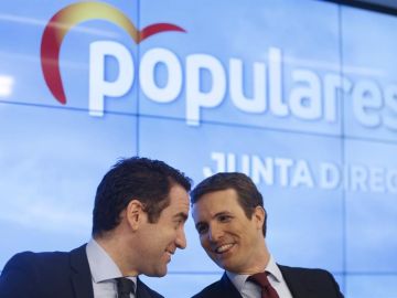 El presidente y el secretario general del PP, Pablo Casado y Teodoro García Egea