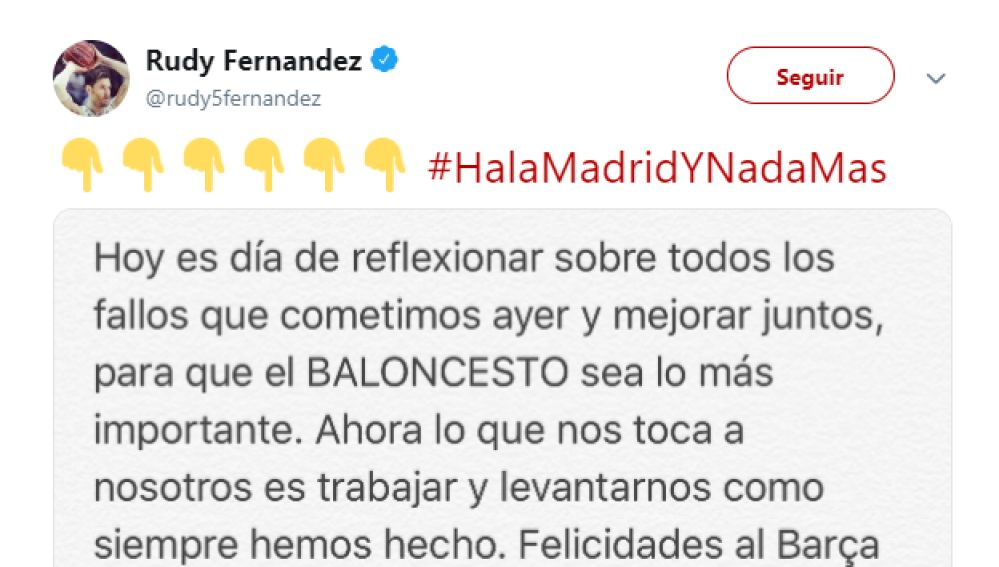 El mensaje de Rudy Fernández en su cuenta de Twitter