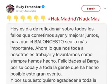 El mensaje de Rudy Fernández en su cuenta de Twitter El mensaje de Rudy Fernández en su cuenta de Twitter
