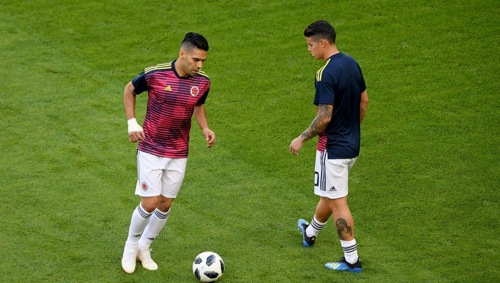James y Falcao, durante un entrenamiento con Colombia