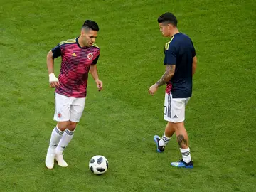 James y Falcao, durante un entrenamiento con Colombia James y Falcao, durante un entrenamiento con Colombia