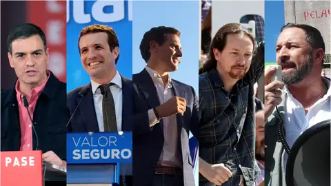 Elecciones generales 2019: qué está permitido y qué no en campaña electoral Imagen de Sánchez, Casado, Rivera, Iglesias y Abascal en el inicio de campaña electoral