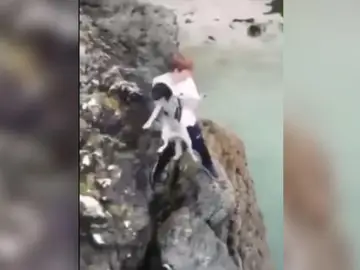 El joven lanzando el perro El joven lanzando el perro