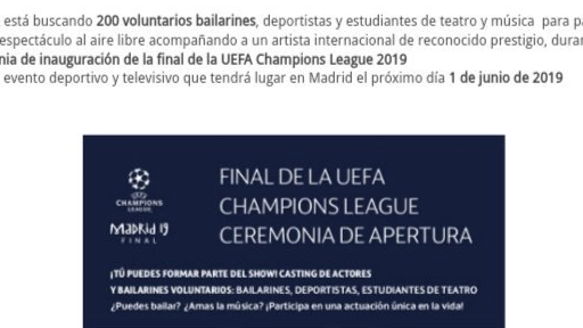 La oferta de la UEFA en la que piden "200 voluntarios bailarines" La oferta de la UEFA en la que piden "200 voluntarios bailarines"