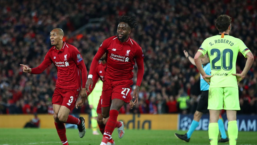 Origi celebra el 4-0 contra el Barcelona